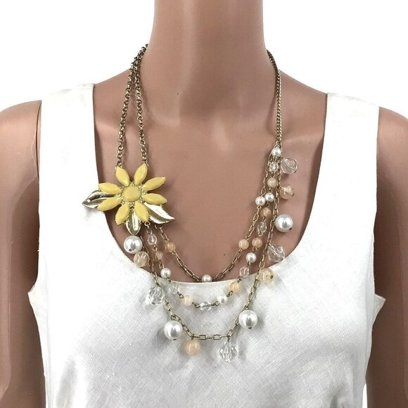 Triple Layered Necklace Flower Statement Beaded Fringe Gold Tone Chain Adjustabl - Picture 1 of 2
